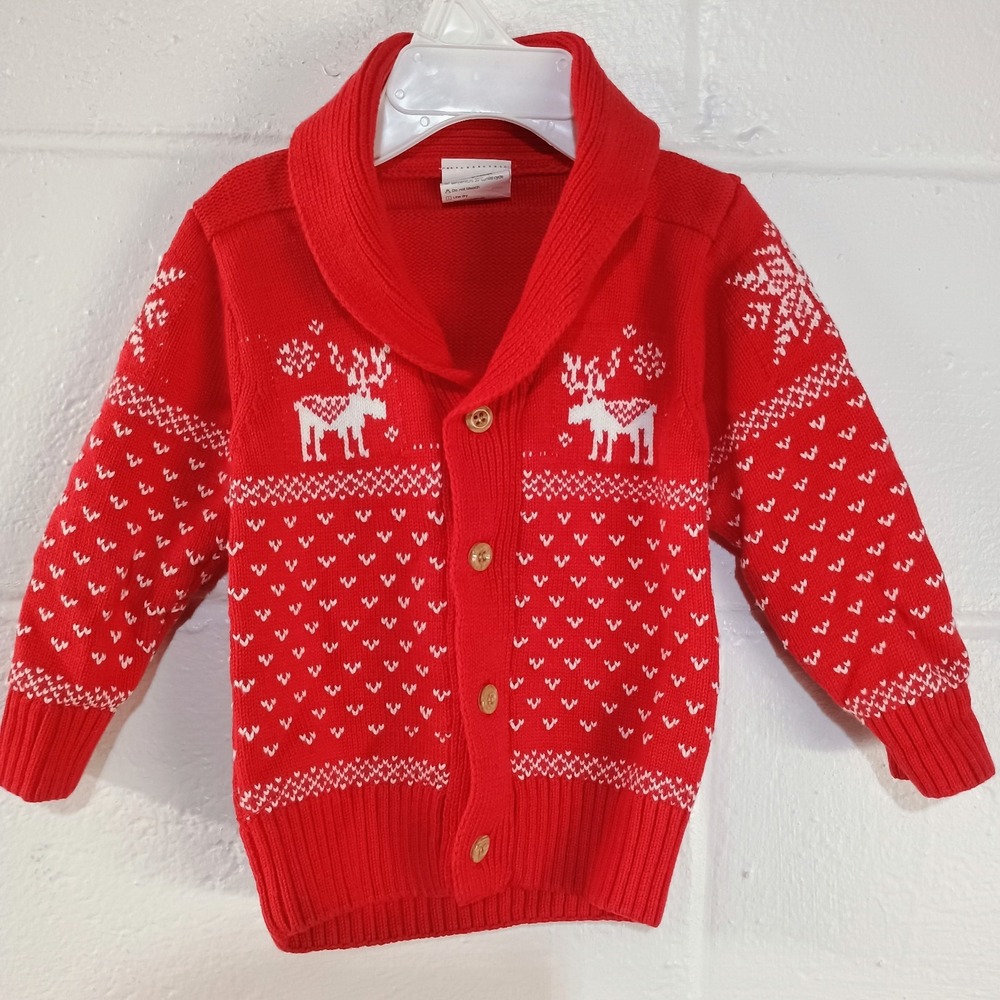 Holiday Fair Isle Cardigan Knit Sweater Red Cotton Blend Button Baby Boys 6-12 M